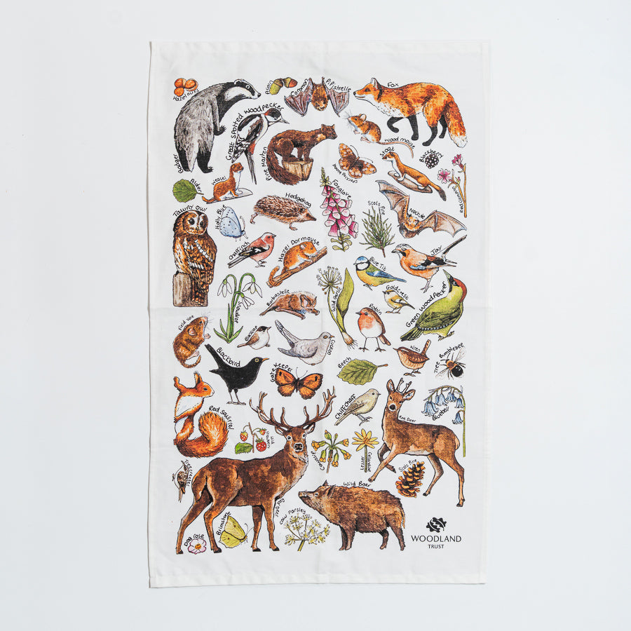 Woodland wildlife tea towel